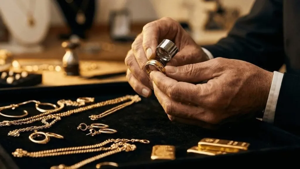 Joyero profesional examinando oro auténtico con lupa en Joyería Mikel Bilbao