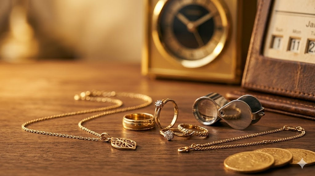 Joyas de oro, reloj vintage y calendario sobre mesa de joyería en Bilbao - cuándo vender oro