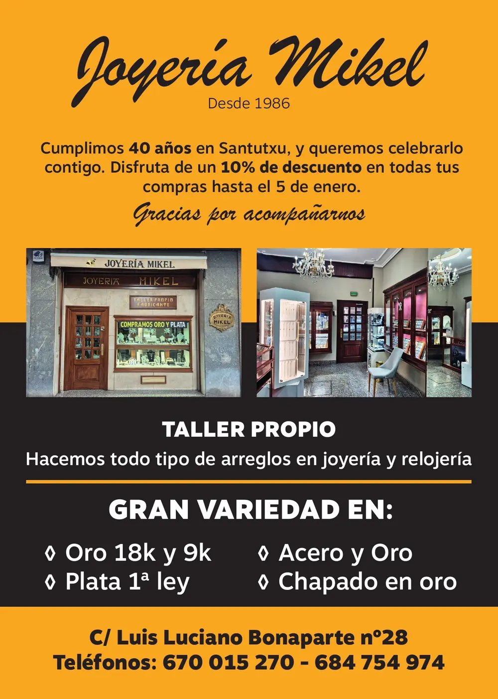 Folleto 40 aniversario Joyería Mikel en Santutxu con 10 % de descuento